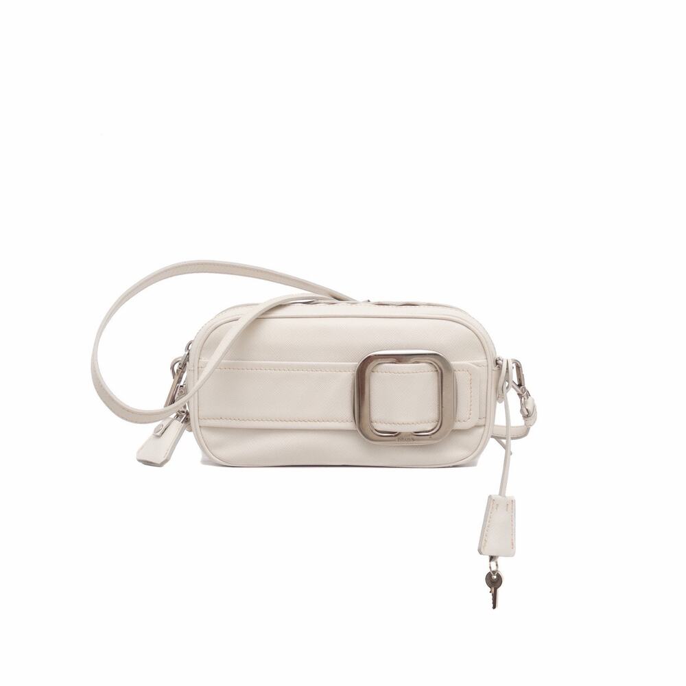 PRADA Saffiano Leather Buckle Camera Bag Ivory Cream Silver Hardware Crossbody